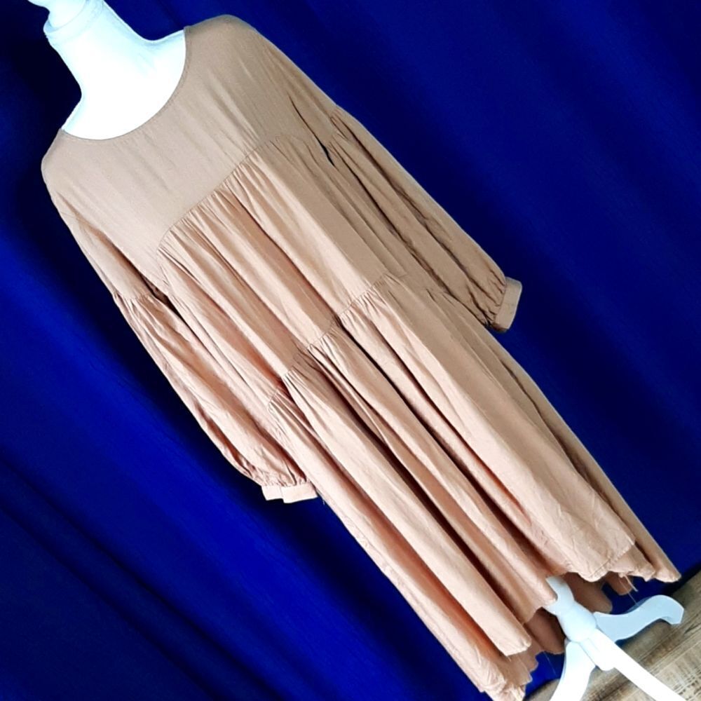 Mustard Seed Brown / Tan High Low Tiered Long Sleeve Flowy Dress with Pocket NWT